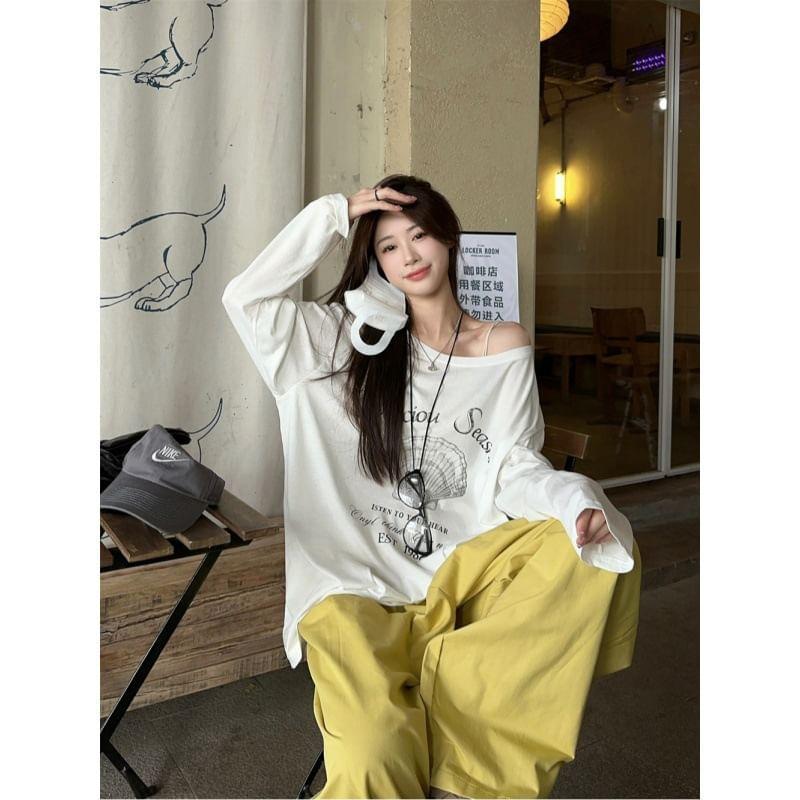 Long Sleeve Cold-Shoulder Graphic & Lettering Print Loose-Fit Pullover / High Waist Loose-Fit Wide-Leg Cargo Pants Product Image