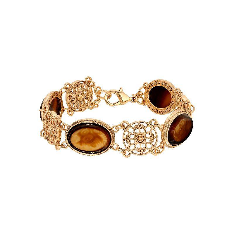 1928 Gold Tone Oval Topaz Glass Stones & Round Filigree Link Bracelet, Womens, Brown Product Image