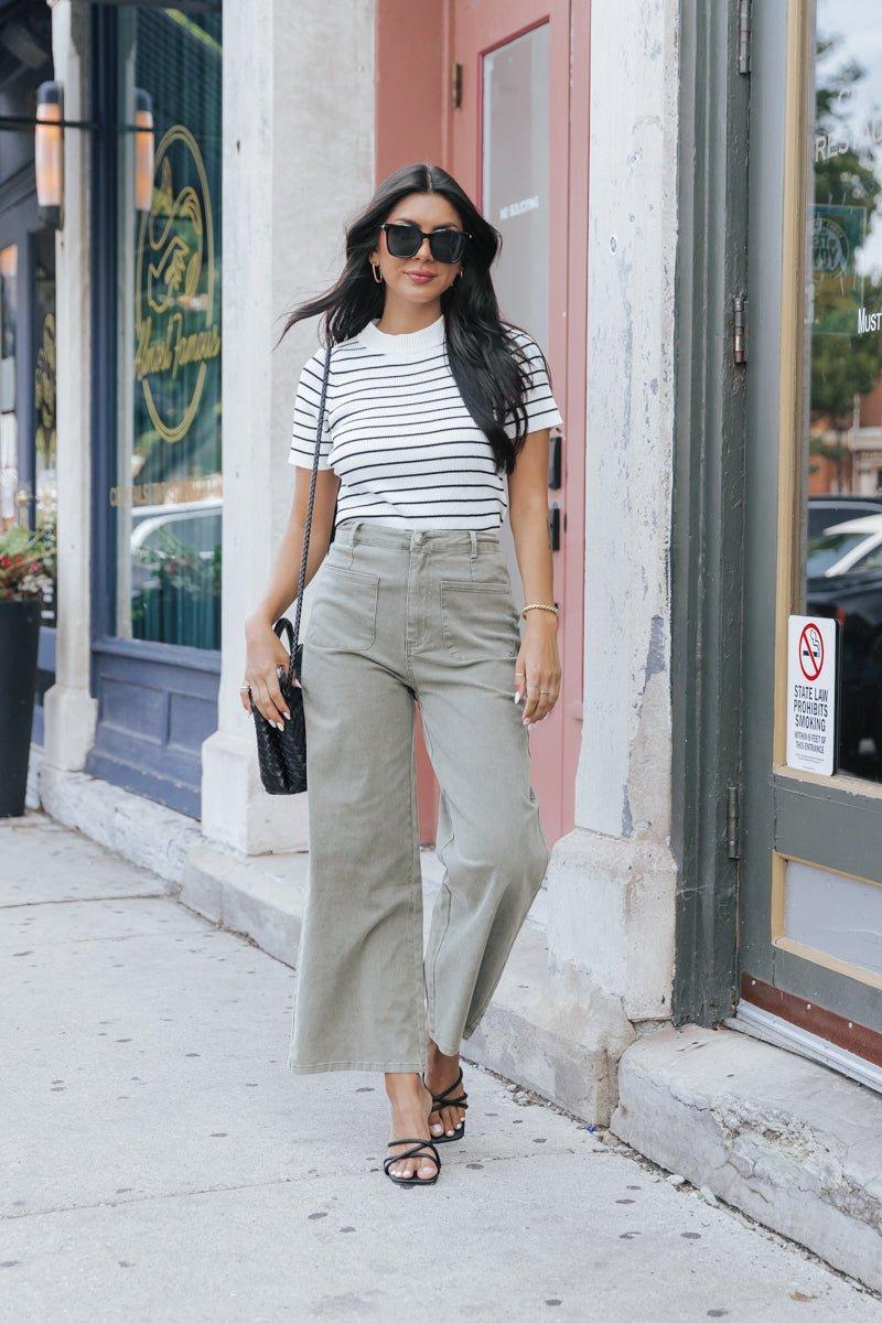 Neutral High Waisted Wide Leg Pants - Olive Product Image