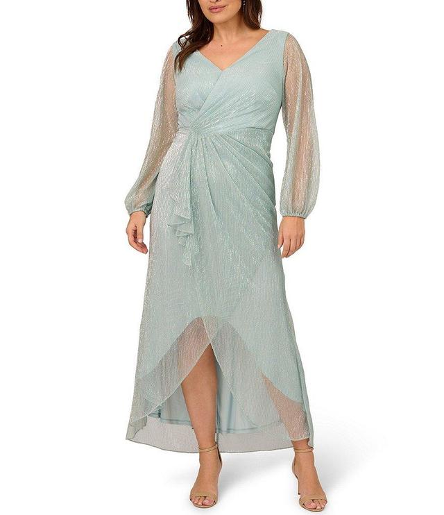 Adrianna Papell Plus Size Long Sleeve V-Neck Foil Metallic Crinkle Mesh Gown Product Image