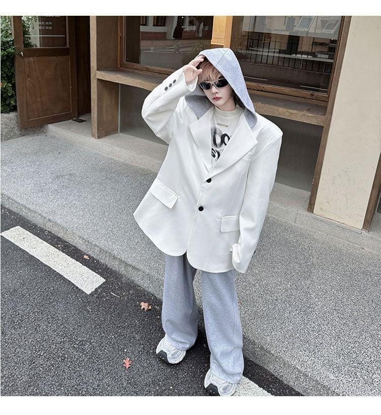 Set: Hooded Button-Up Plain Blazer + High Waist Wide Leg Pants Product Image