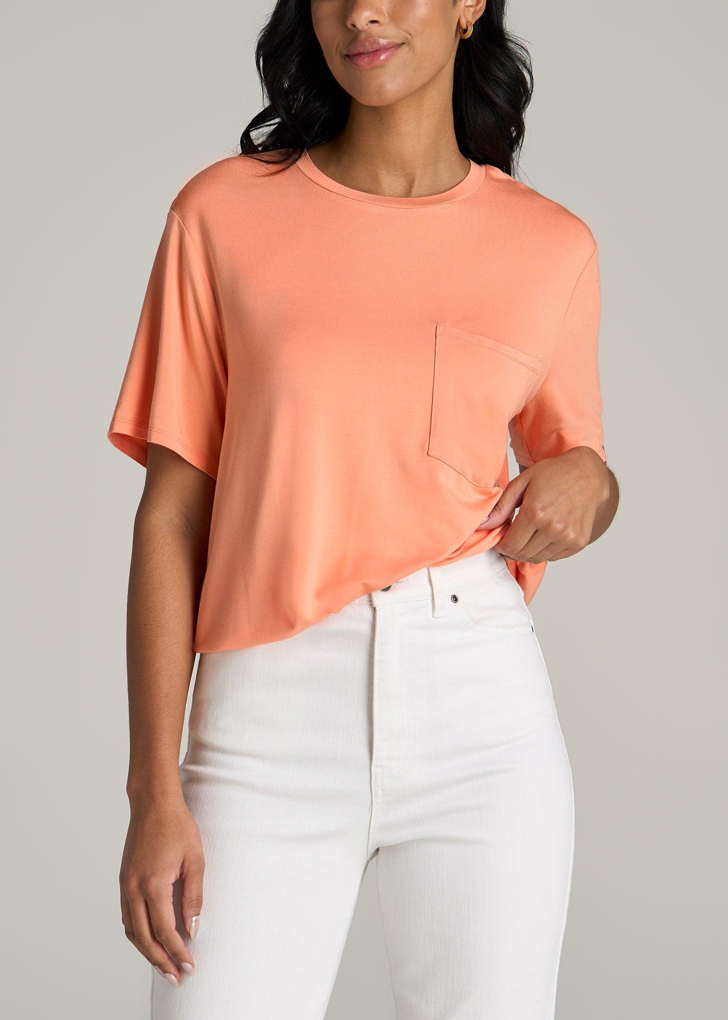 Short-Sleeve Oversized Crewneck Pocket T-Shirt for Tall Women in Apricot Crush product image