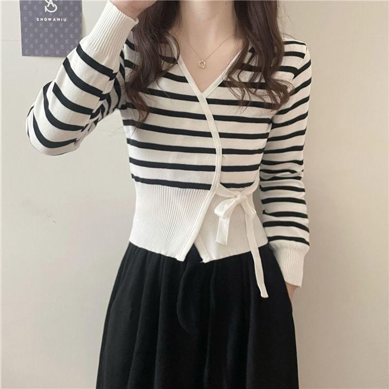 V-Neck Striped Wrap Sweater Product Image