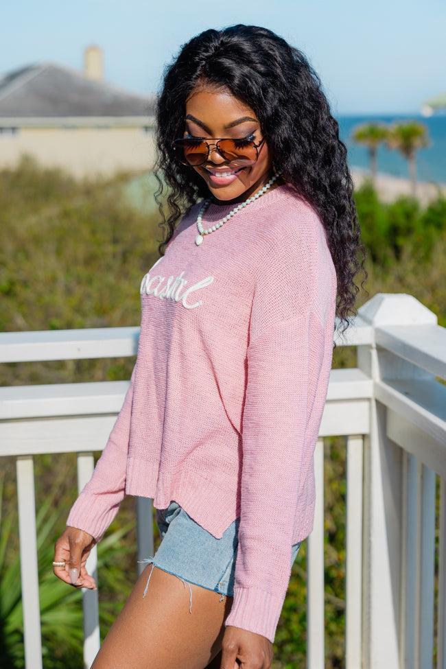 Off To The Beach Pink Coastal Script Sweater Product Image