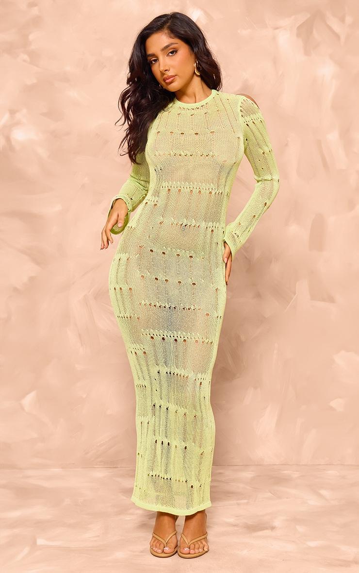 Petite Lime Green Knitted Open Back Long Sleeve Maxi Dress Product Image