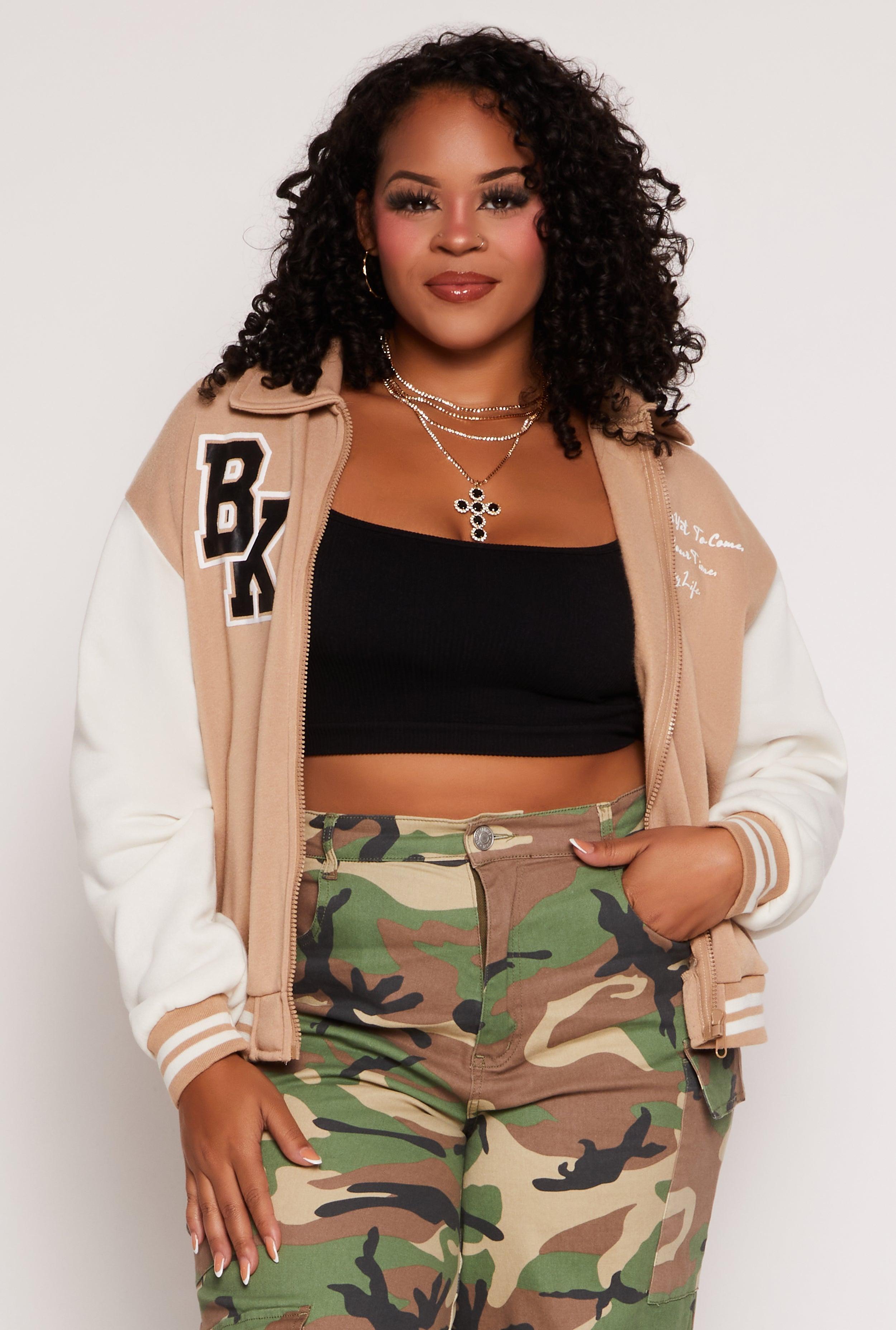 Womens Plus Size BK Graphic Zip Front Letterman Jacket Product Image