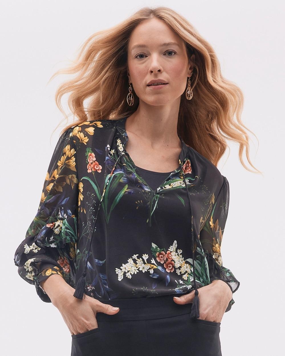 Chico's Women's Chiffon Floral Ruffle Sleeve Blouse Product Image