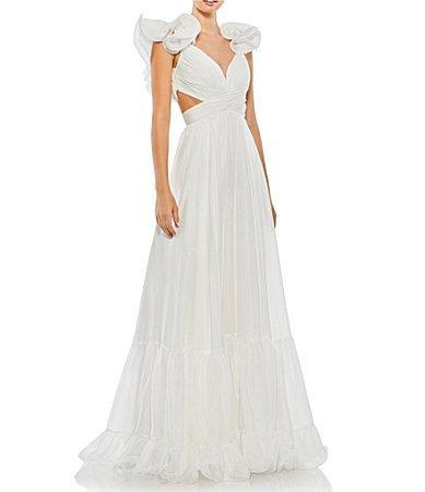 Ieena Mac Duggal Chiffon V-Neck Sleeveless Cut-Out Strappy Back Detail Tiered Ruffle Hem Gown Product Image