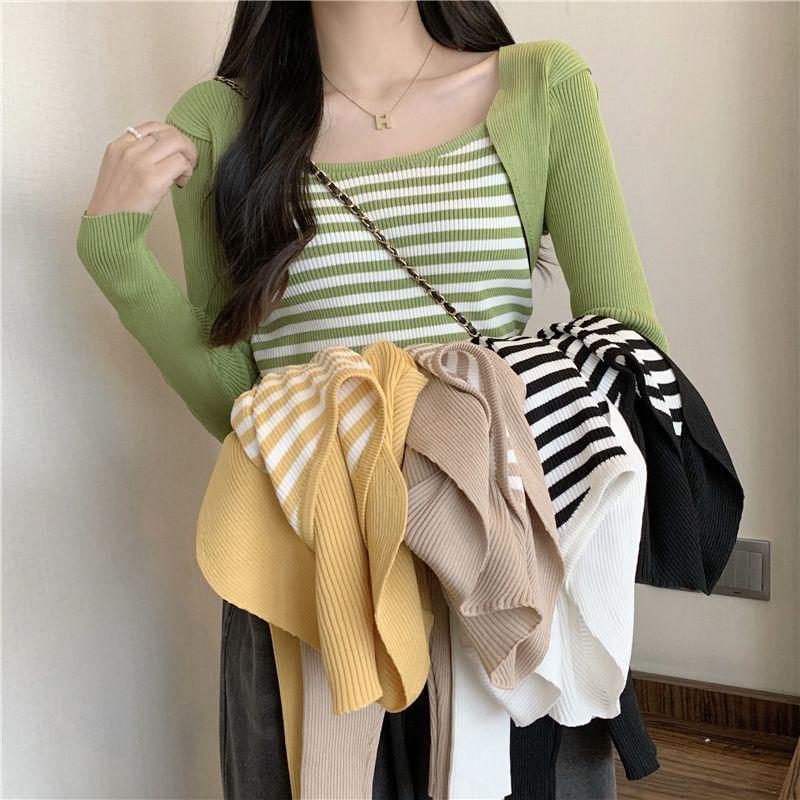 Square Neck Striped Panel Cropped Sweater Product Image