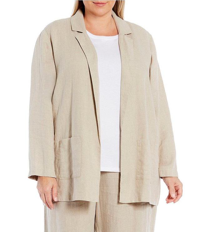 Eileen Fisher Plus Size Organic Linen Notch Lapel Collar Long Sleeve Pocketed Open-Front Long Blazer Product Image