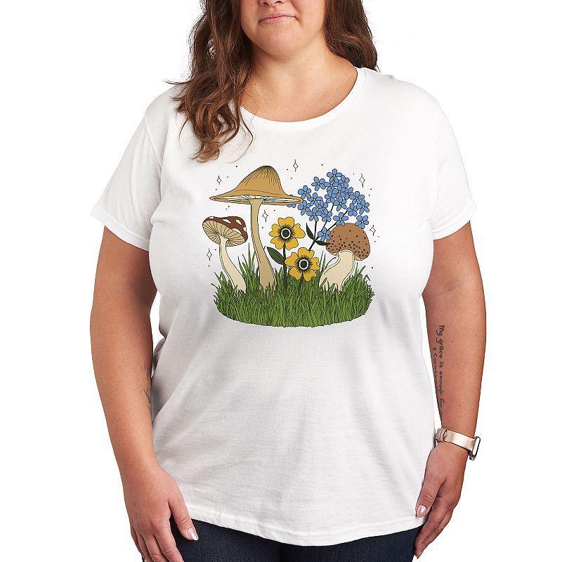 Plus Colorful Mushrooms and Flowers Graphic Tee, Womens Med Grey Product Image