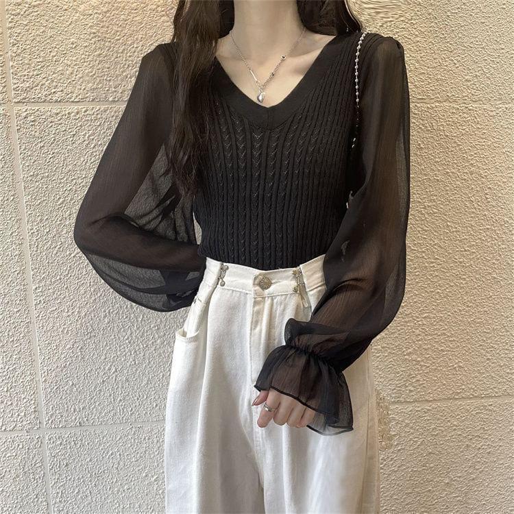 Long-Sleeve V-Neck Cable Knitted Panel Blouse Product Image