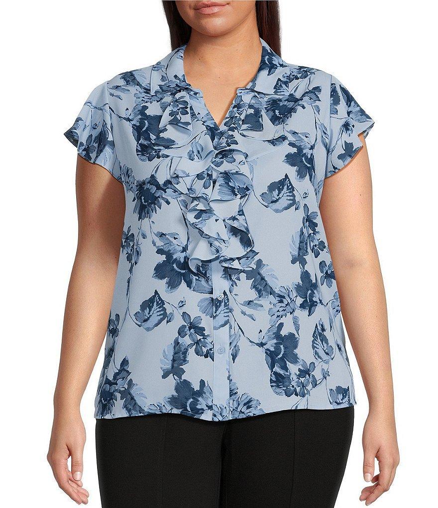 Calvin Klein Plus Size Woven Collared Cap Sleeve Floral Ruffle Button-Front Blouse Product Image