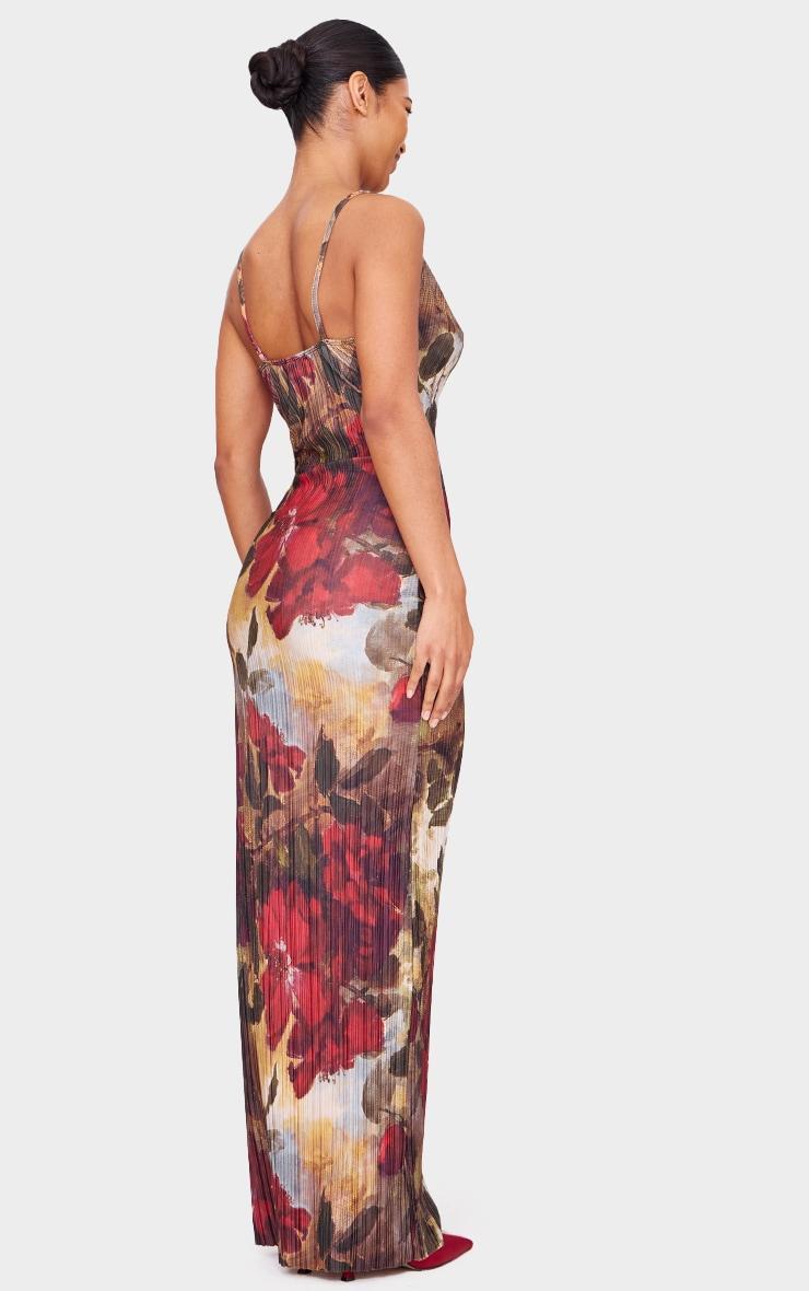 Red Floral Printed Plisse Strappy Maxi Dress Product Image