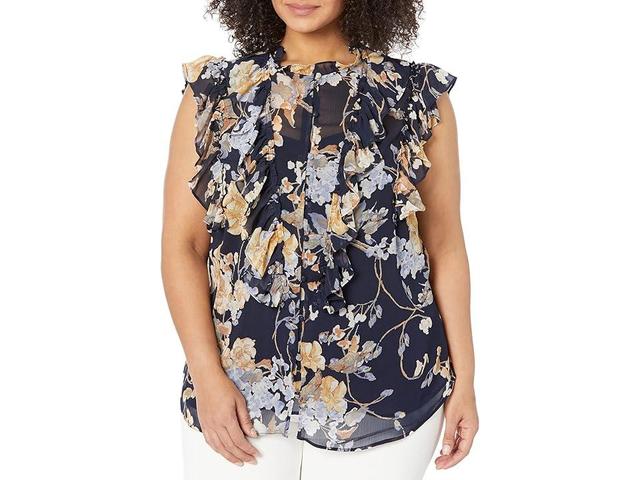 Lauren Ralph Lauren Plus Size Floral Georgette Sleeveless Shirt (Navy Multi) Women's Clothing Product Image