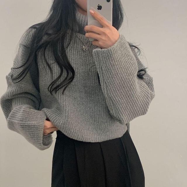 Turtleneck Plain Ribbed Cropped Sweater Product Image