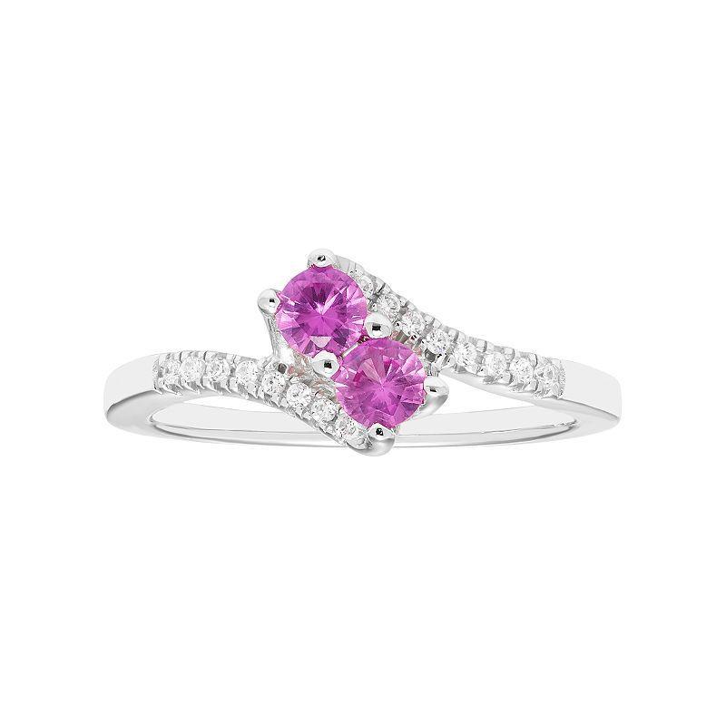 Sterling Silver Lab Created Pink Sapphire Two Stone & Diamond Accent Bypass Ring, Womens Product Image