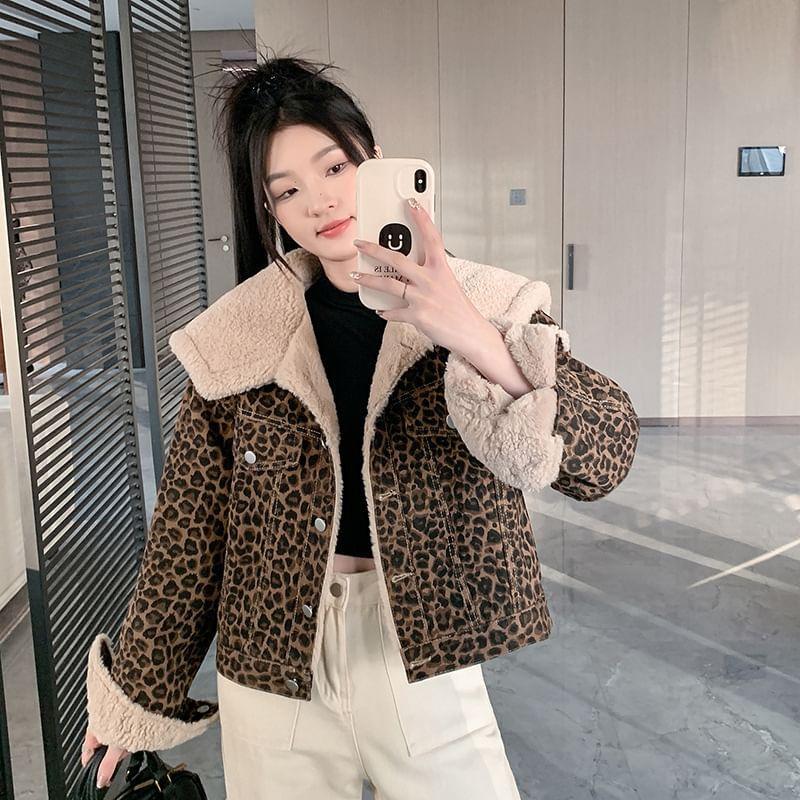 Collared Fleece Lined Leopard Button Jacket Product Image