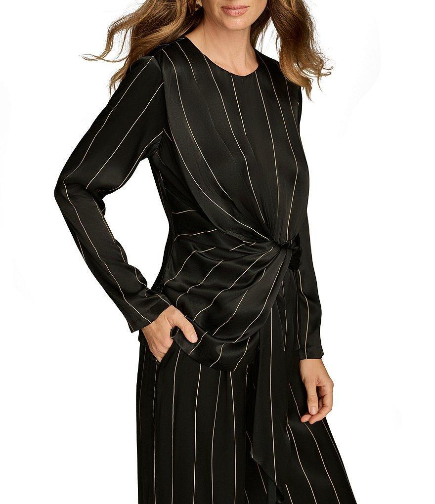 Donna Karan Pinstripe Crew Neck Long Sleeve Tie Waist Top Product Image