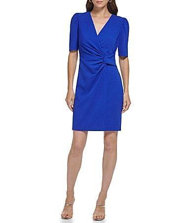 DKNY Surplice V-Neck Short Puffed Sleeve Twisted Waist Stretch Faux Wrap Dress Product Image