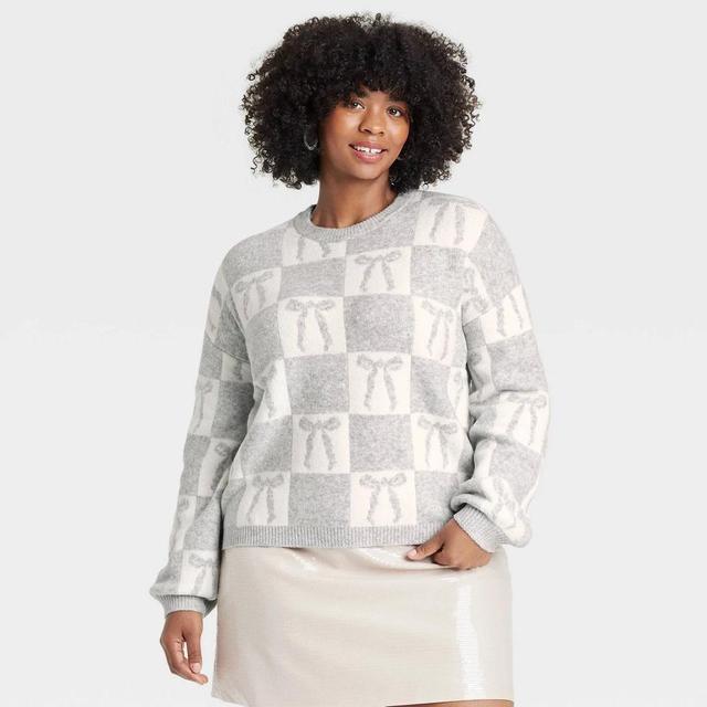 Womens Holiday Crewneck Pullover Sweater - A New Day /Cream Bow 3X Product Image