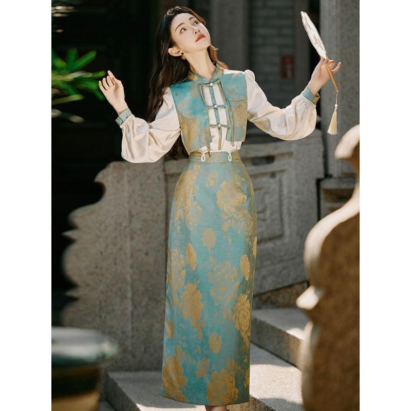 Set: Puff-Sleeve Floral Mock Two-Piece Blouse + High Rise Maxi Pencil Skirt Product Image