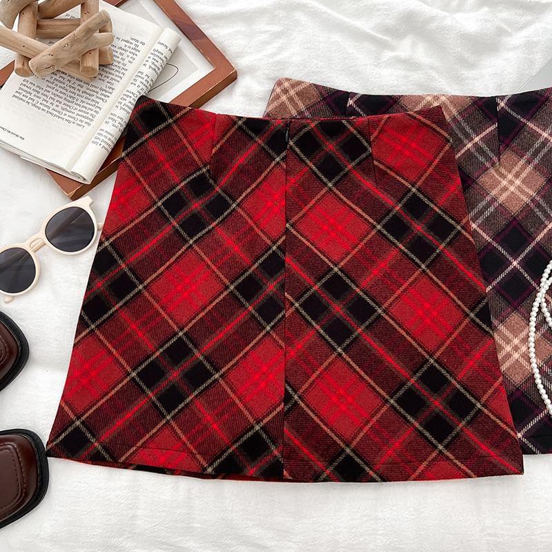 High Rise Plaid Mini A-Line Skirt Product Image