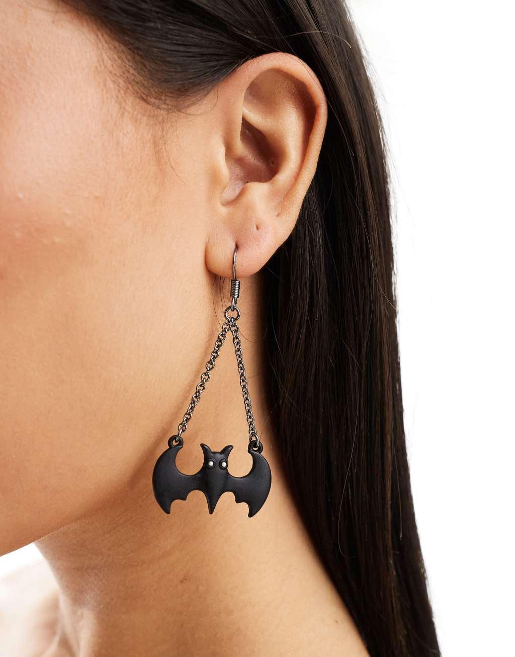 ASOS DESIGN Halloween drop earrings with bat design in black Product Image