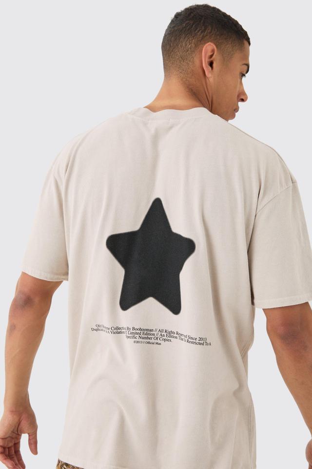 Mens Beige Oversized Extended Neck Star Washed T-shirt, Beige Product Image