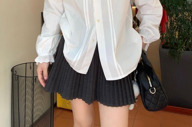 Long Sleeve Peter Pan Collar Plain Ruffle Trim Blouse Product Image