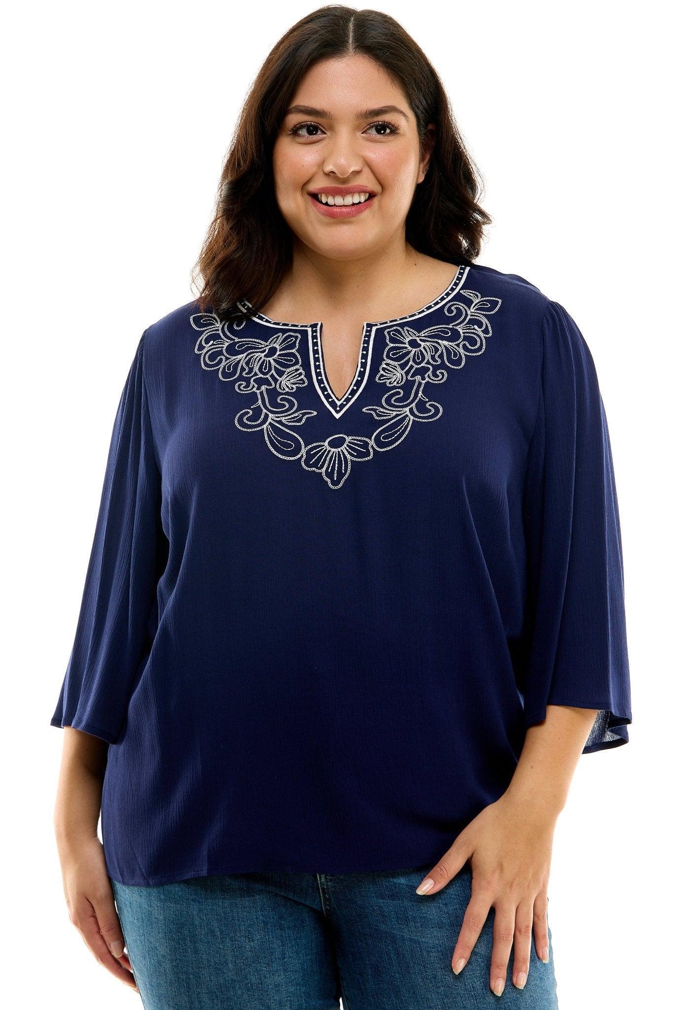 Roz & Ali 3/4 Sleeve Embroidered Top - Plus Female Product Image