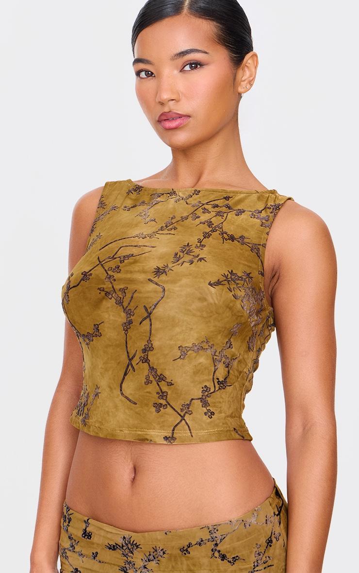 Khaki Floral Print Devore Boat Neck Top Product Image