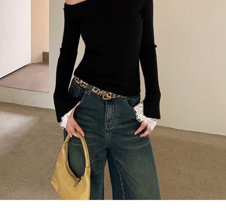 Long Sleeve One Shoulder Lace Panel Ribbed Knit Top Product Image