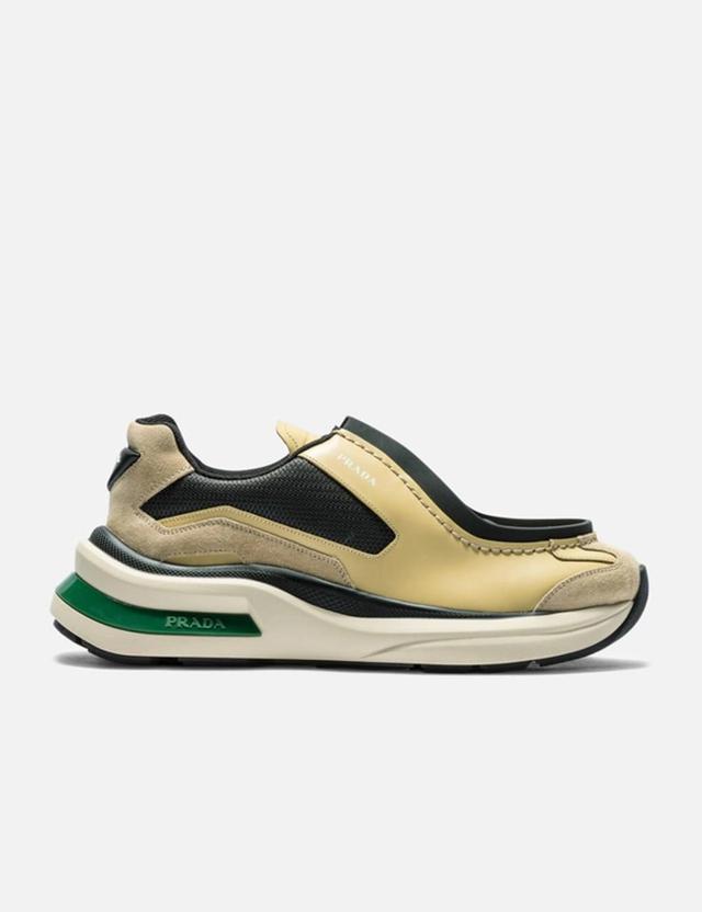 PRADA Brushed Leather Sneakers With Bike Fabric And Suede Elements In Yellow Product Image