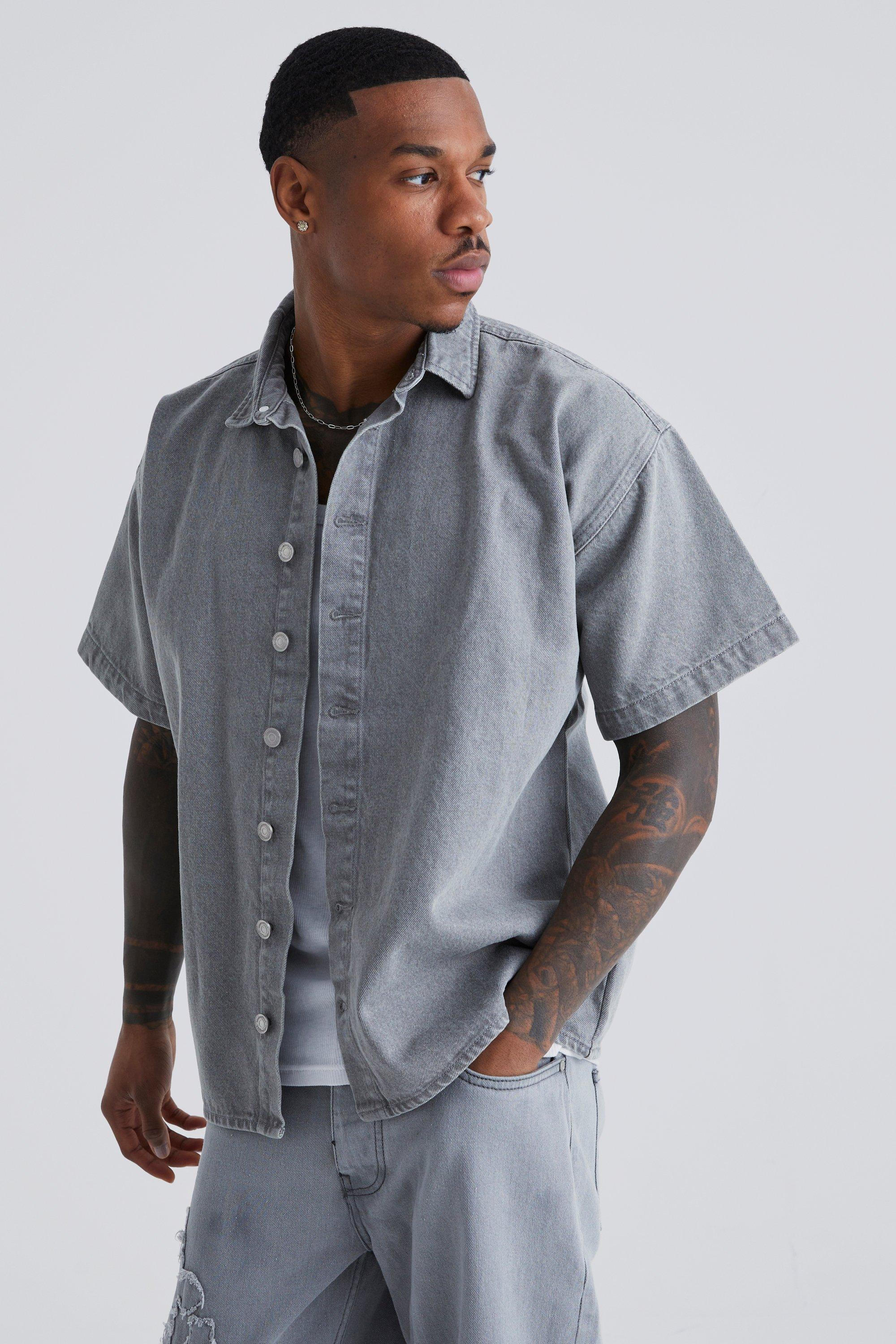 Short Sleeve Boxy Fit Denim Shirt | boohooMAN USA Product Image