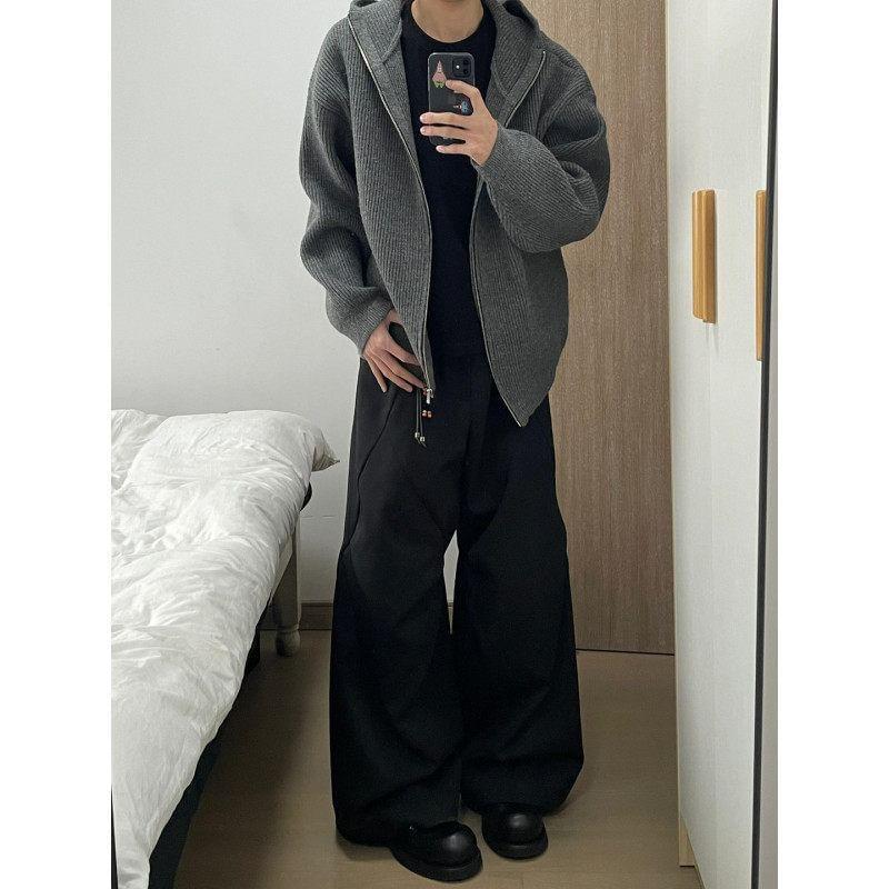 Plain Hooded Ribbed Zip Cardigan Product Image