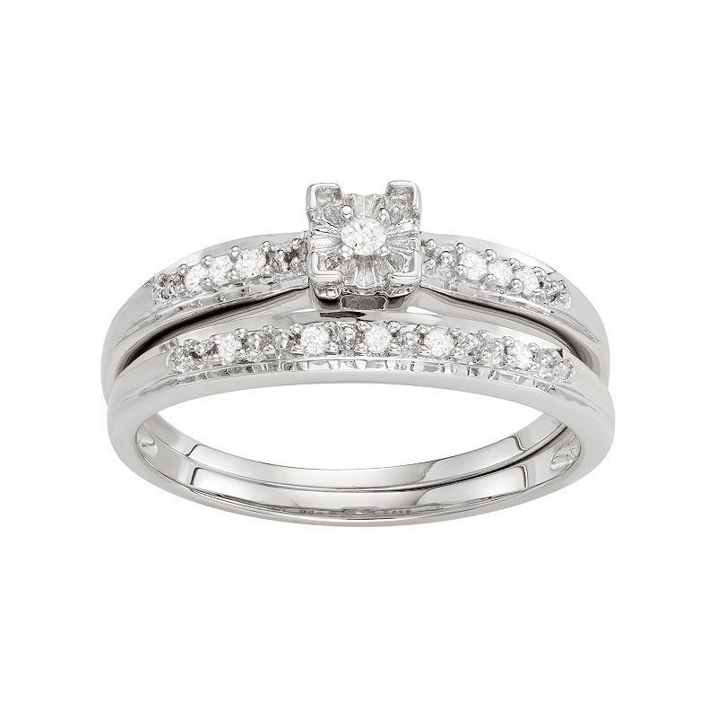 Sterling Silver 1/10 Carat T.W. Diamond Engagement Ring Set, Womens Rhodium Plated Product Image