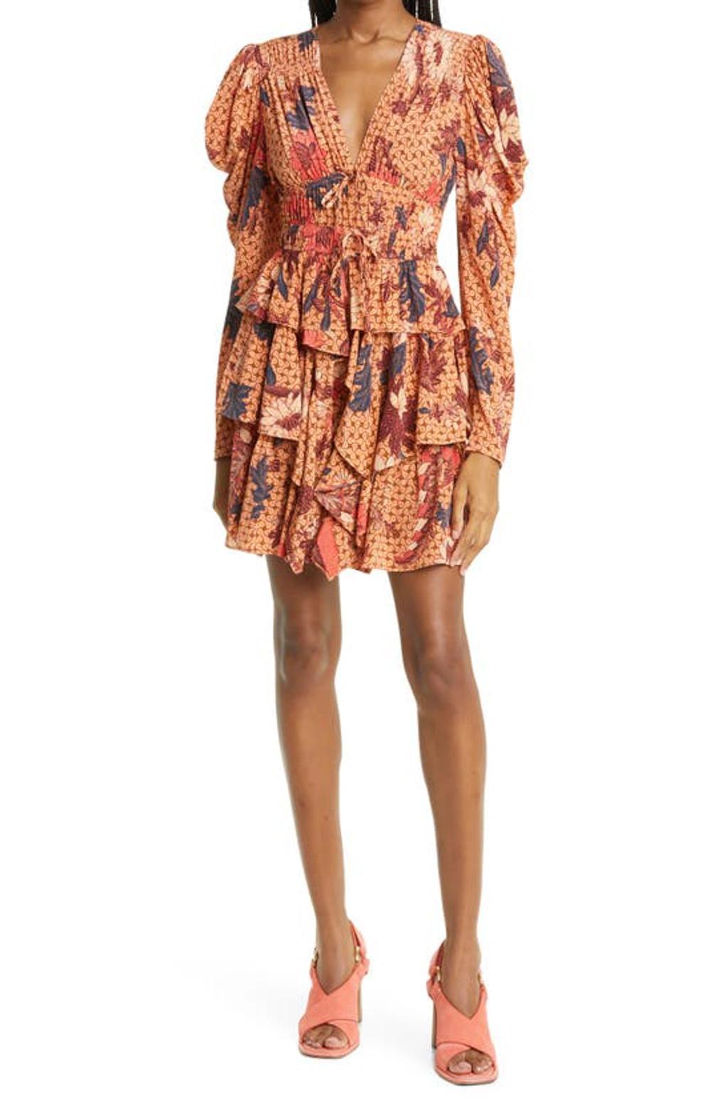 Oni Tiered Ruffle Printed Mini Dress In Orange Product Image