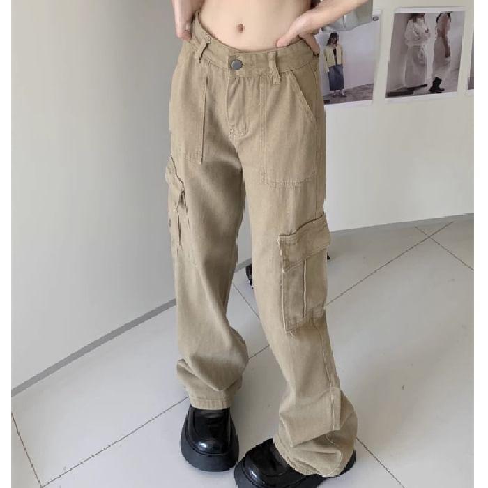 High Rise Plain Pocket Straight-Fit Wide-Leg Cargo Pants Product Image