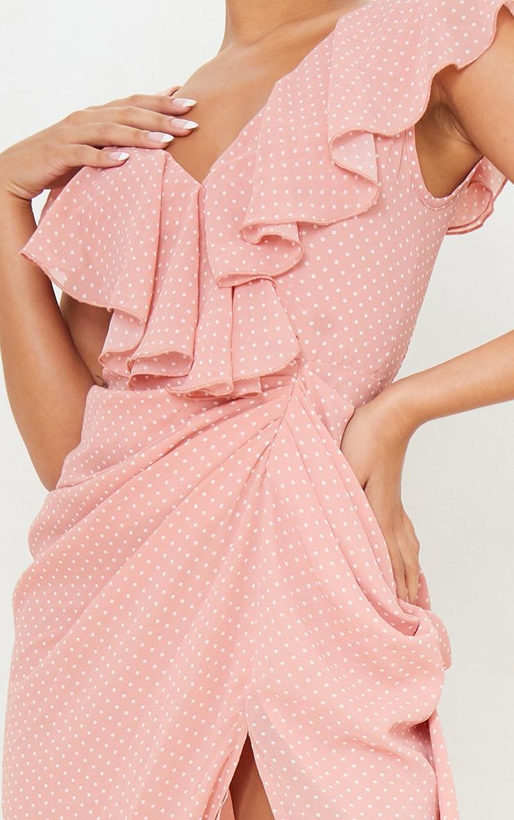 Pink Polka Dot Draped Lace Up Back Midi Dress Product Image