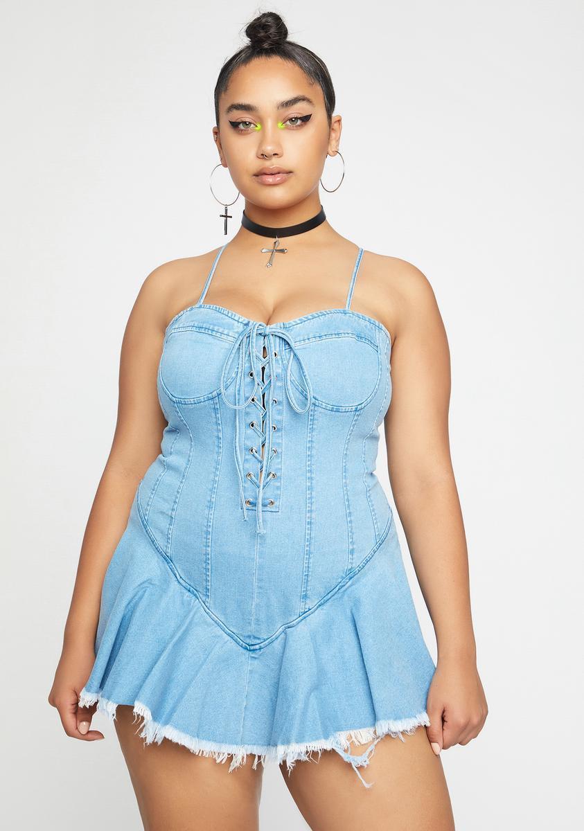 Plus Size Denim Bustier Flare Skirt Mini Dress - Blue Product Image