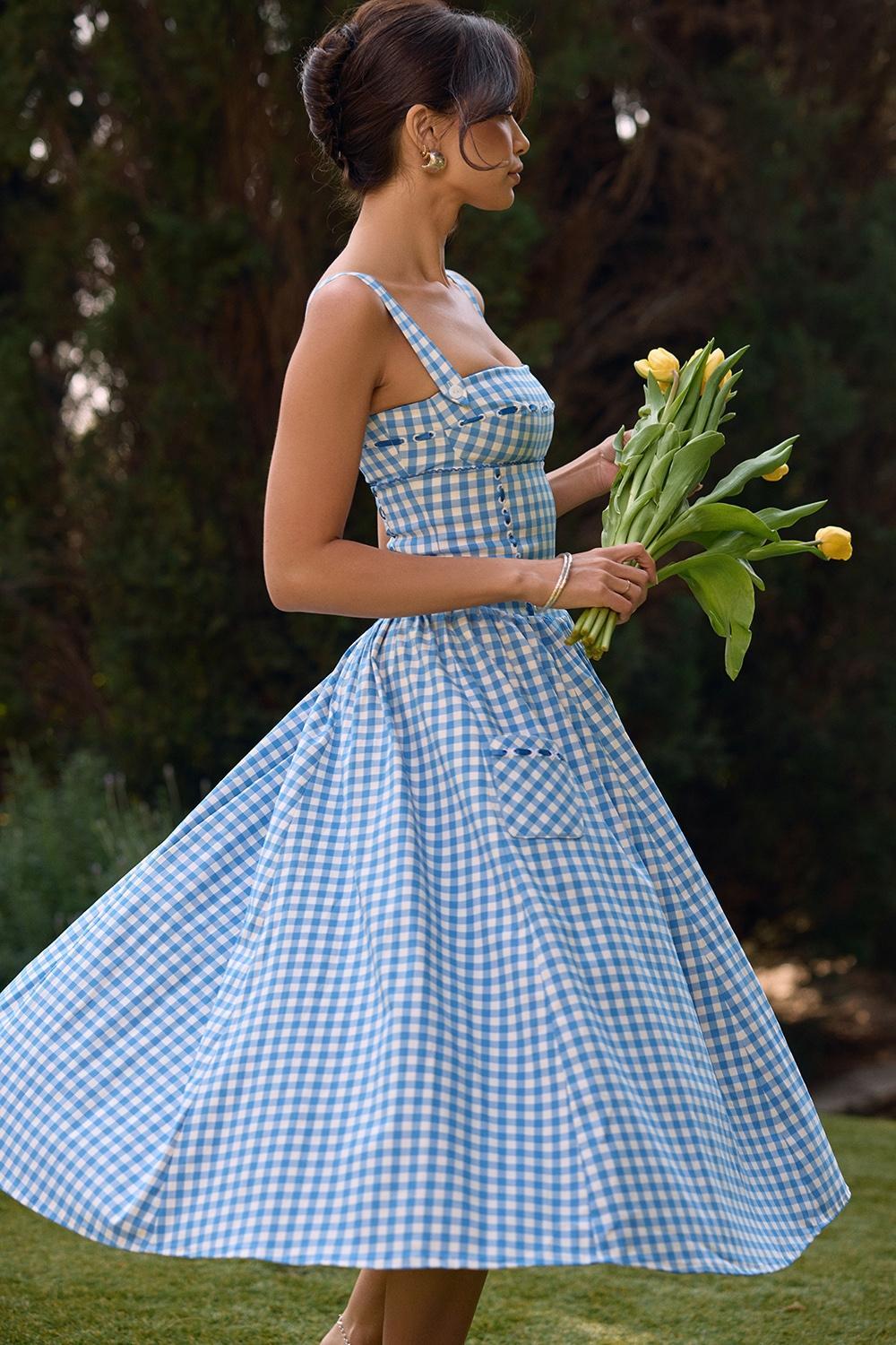 Vivien Regatta Blue Gingham Midi Sundress Product Image