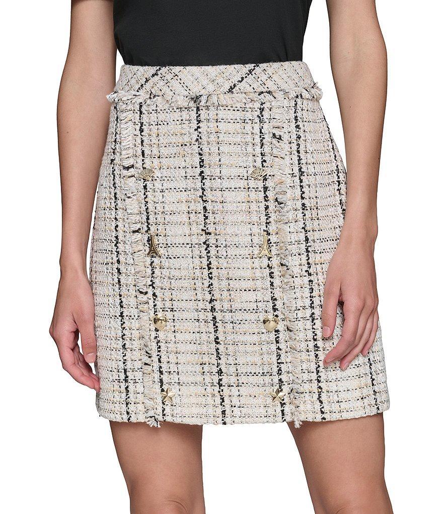 KARL LAGERFELD PARIS Fringe Tweed Motif Button Pencil Mini Skirt Product Image