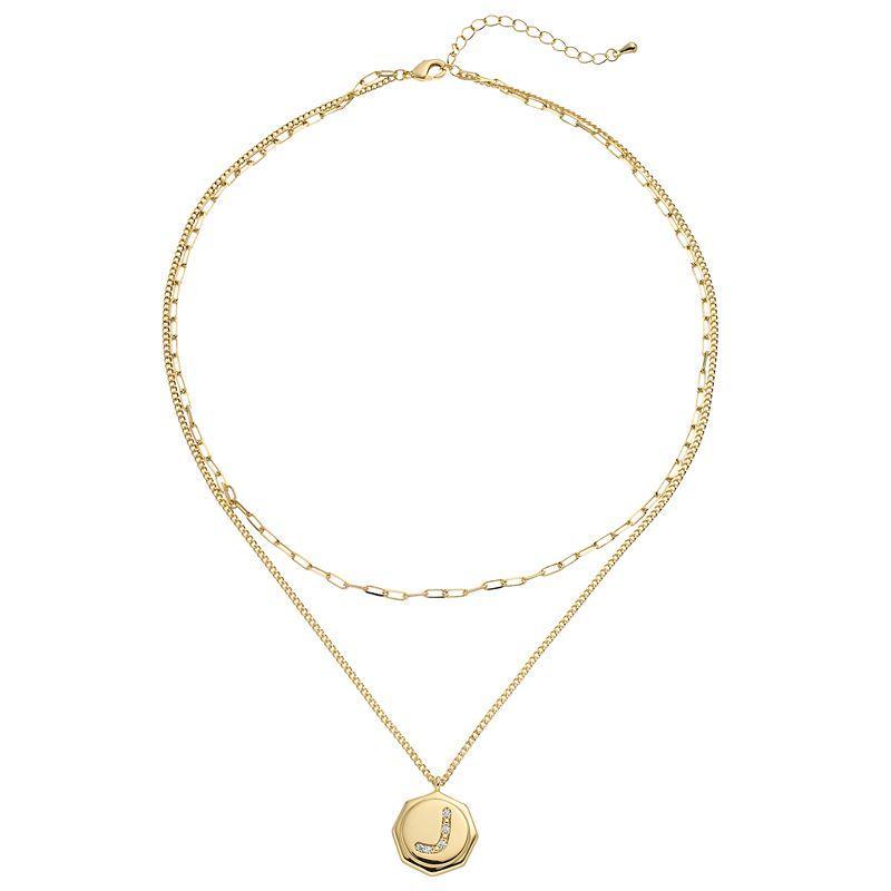 City Luxe Gold Tone Layered Initial Disc Necklace with Cubic Zirconia, Womens Gold Tone S Product Image