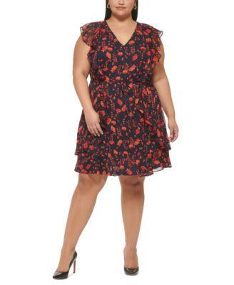 Plus Size Ruffled Floral Chiffon Dress Product Image