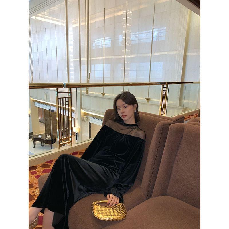 Long Sleeve Round Neck Velvet Sheer Panel Maxi A-Line Dress Product Image