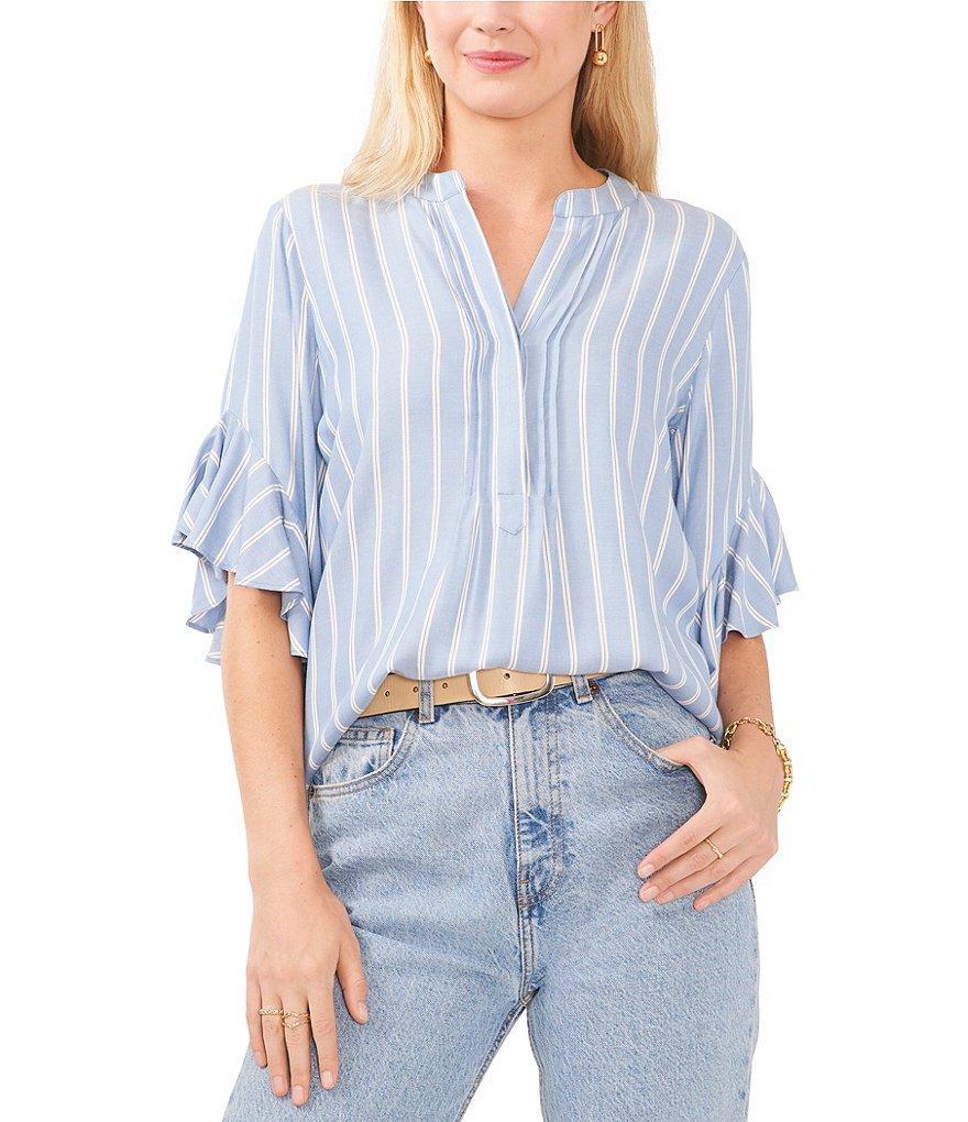 Vince Camuto Stripe 3/4 Sleeve V-Neck Button Front Shirt Product Image