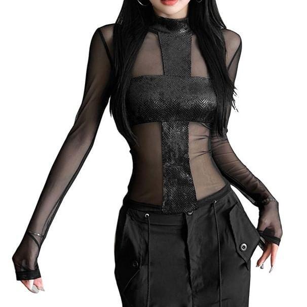 Long-Sleeve Mock Neck Mesh Crop Top Product Image