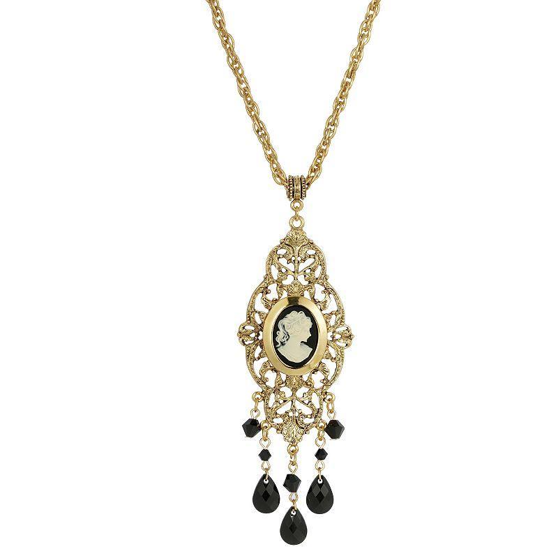 1928 Gold Tone Black Oval Cameo Locket Necklace, Womens Product Image