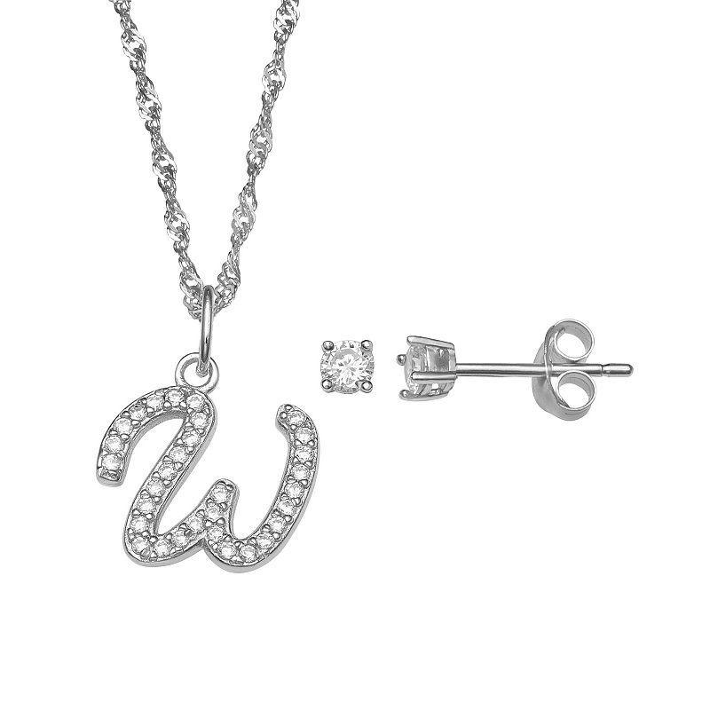 LC Lauren Conrad Sterling Silver Cubic Zirconia Stud Earrings & Initial Pendant Necklace Set, Womens Sterling Silver P Product Image